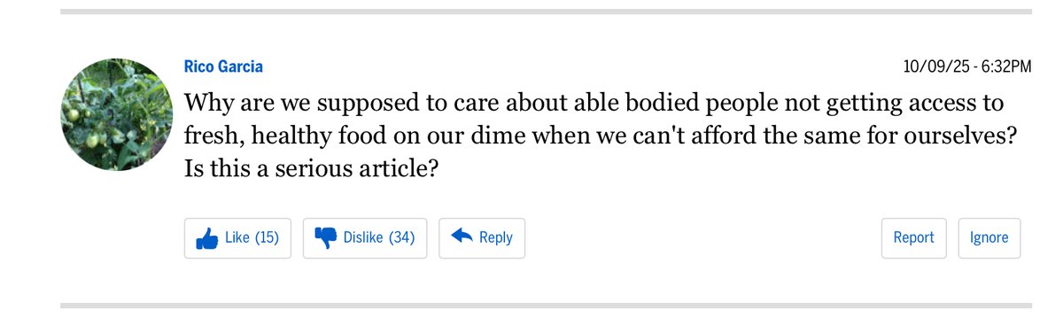FortPointer's tweet image. Below, my Globe comment (a reply to #1) regarding: “Trump’s policies have slashed SNAP eligibility and cut food aid. Boston food pantries are feeling the effects.” 

It goes hard at a callous commenter, but so be it.
bostonglobe.com/2025/10/09/met…