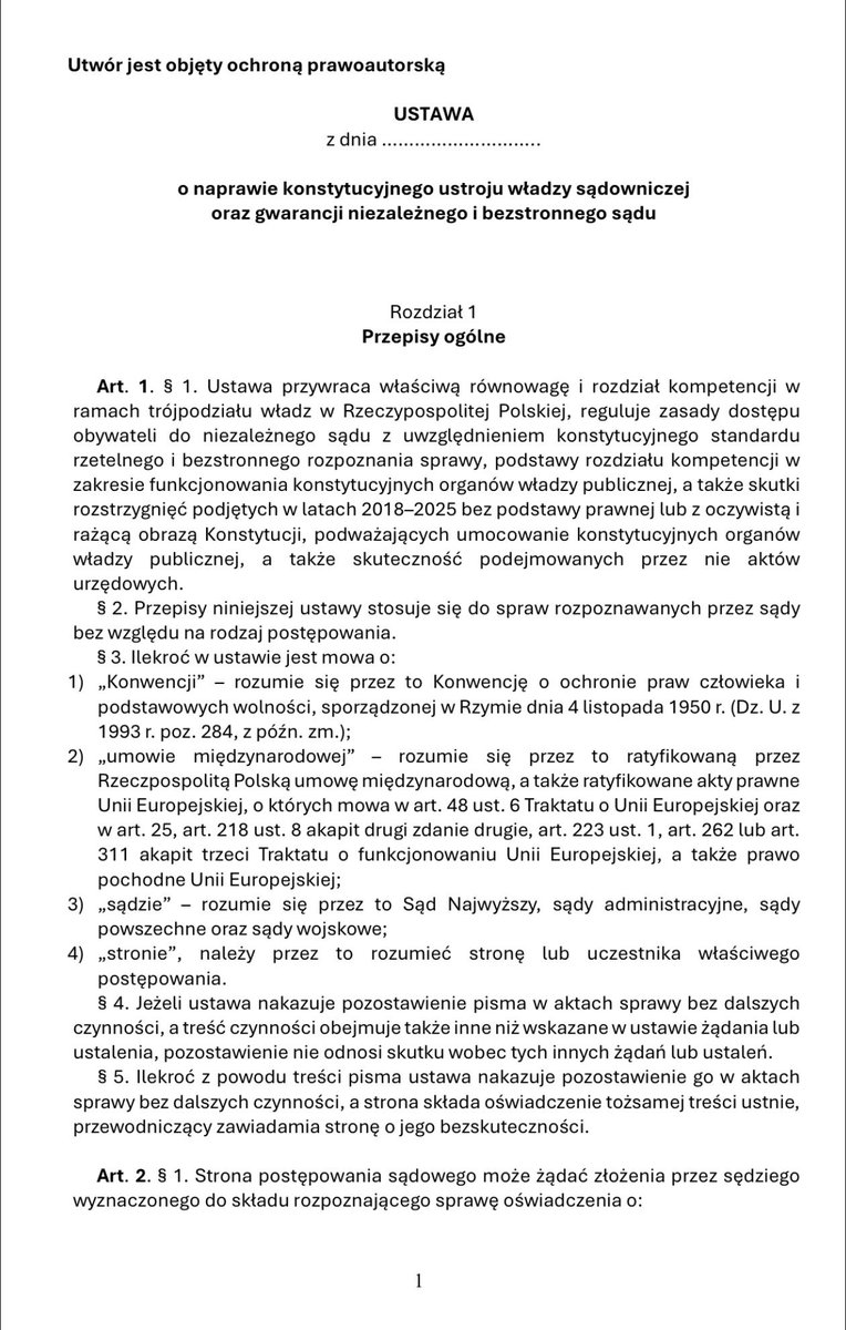 Pierwsza strona obszernego autorskiego projektu ustawy praworządnościowej. Mam nadzieję, że stanie się on zaczynem rzeczowej i poważnej dyskusji o naprawie polskich sądów. Przygotowałem go - w przeciwieństwie do nominatów pana premiera - bez czerpania z tego tytułu jakichkolwiek