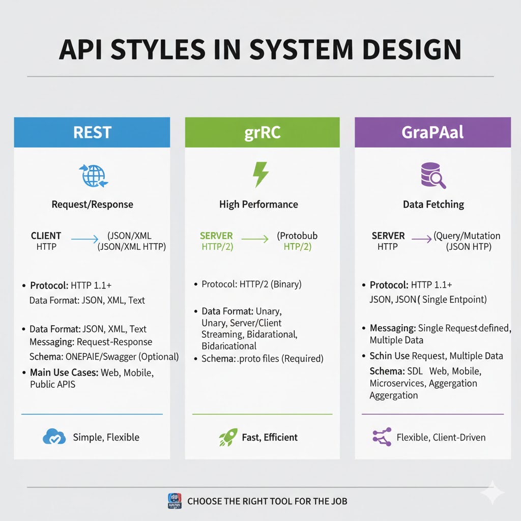 e_opore's tweet image. REST vs gRPC vs GraphQL in System Design
➤ REST (Representational State Transfer)
→ Definition: An architectural style using HTTP methods (GET, POST, PUT, DELETE) for communication
→ Data Format: Typically JSON
→ Pros: Simple, Widely adopted, Easy debugging with browser…