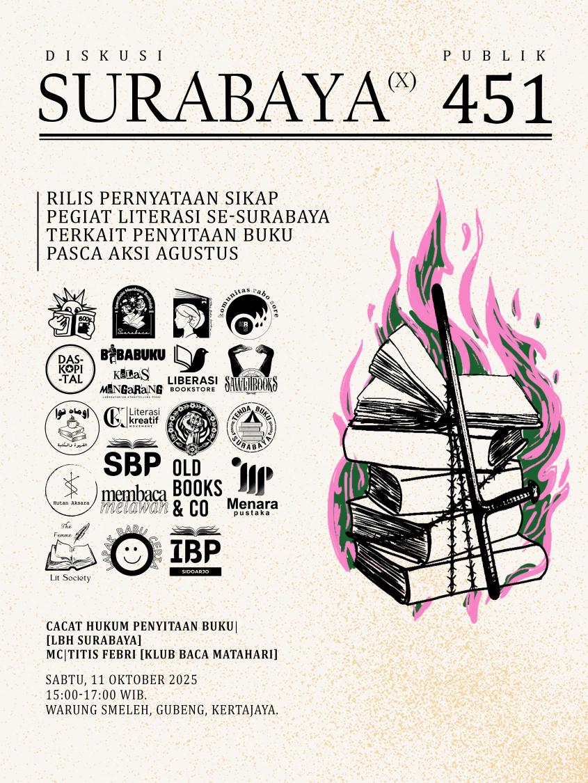 baca_matahari's tweet photo. Kami bersama teman-teman pe-literasi Surabaya lain akan bikin diskusi tentang penyitaan buku di hari sabtu besok. Ayooo datang dan bersikap bersama! 🔥 https://t.co/jJ7KmtvLY6