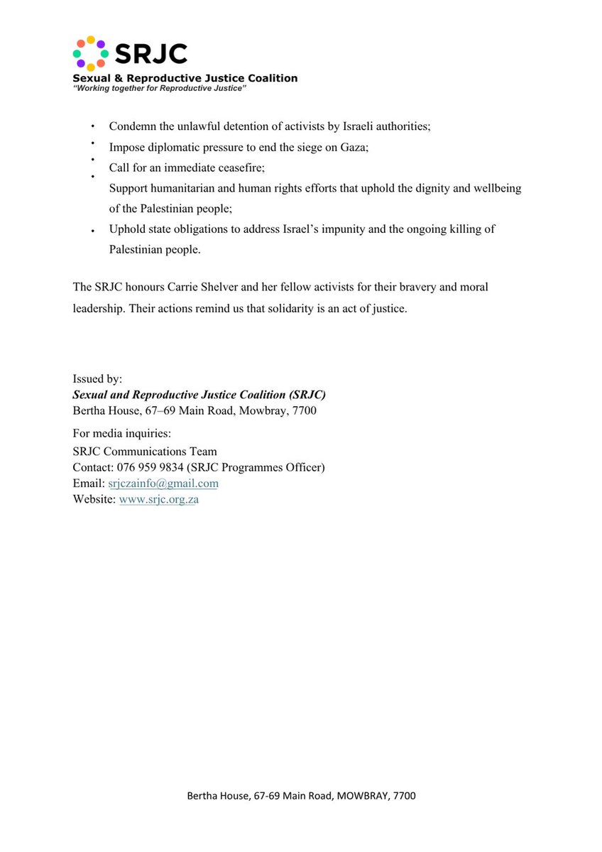 SRJC condemns the illegal detainment of our member Carrie Shelver, alongside Mandla Mandela &amp; othe activists by Israeli forces in international waters.
We demand:
Ceasefire
End Siege
#FreePalestine #SumudFlotilla #Gaza #SouthAfrica #HumanRights