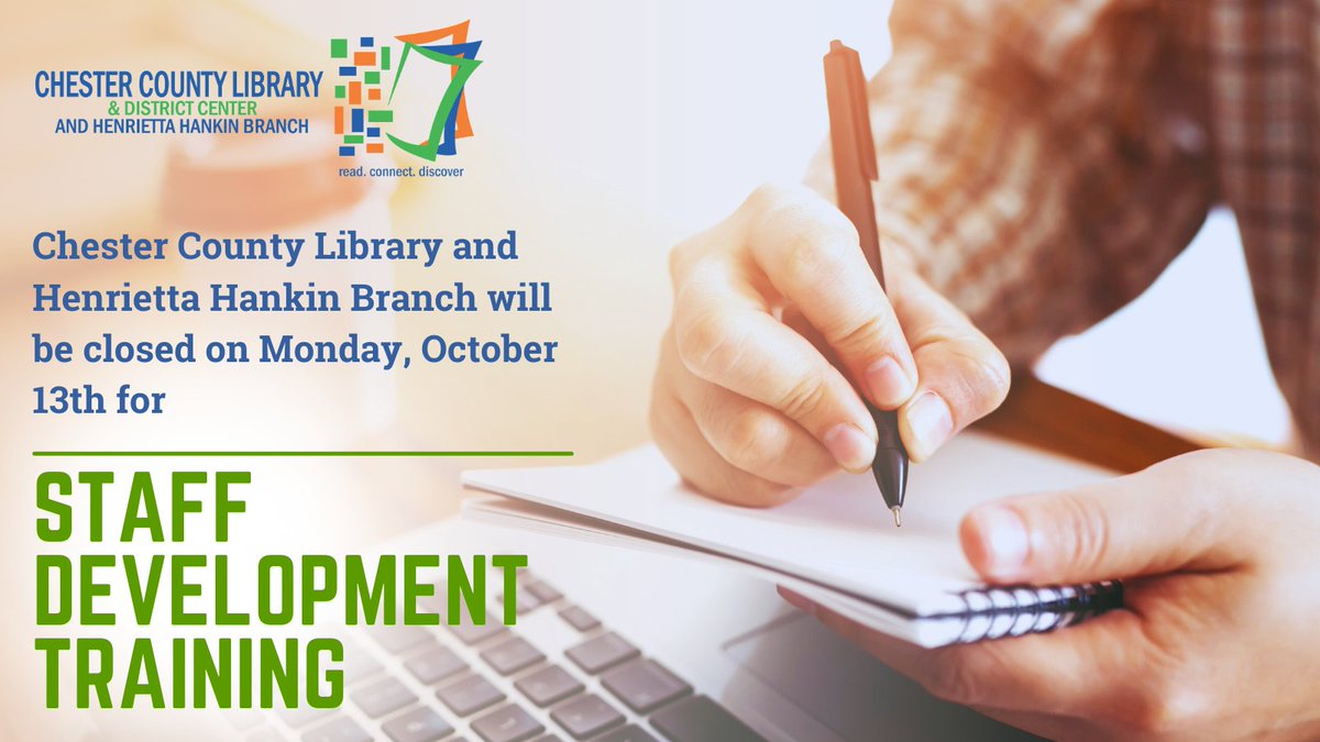 ChesCoLibrary's tweet image. REMINDER: On Monday, October 13, the Chester County Library and Henrietta Hankin Branch will be closed for Staff Development Training. We’re committed to growing our skills to better serve our community.
#InvestInStaff #LibrariesGrowTogether #CommunityLearning #behindthescenes