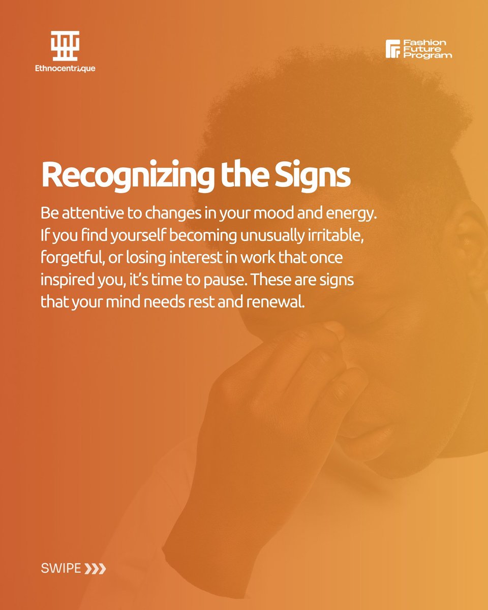 EthnicByChoice's tweet image. In the creative hustle, it’s easy to forget that machines aren’t the only ones that need maintenance. Our minds do too.
Healthy minds build thriving industries. 
#FashionFutureProgram #TheMovement #MadeForTheFuture #YouthInFashion