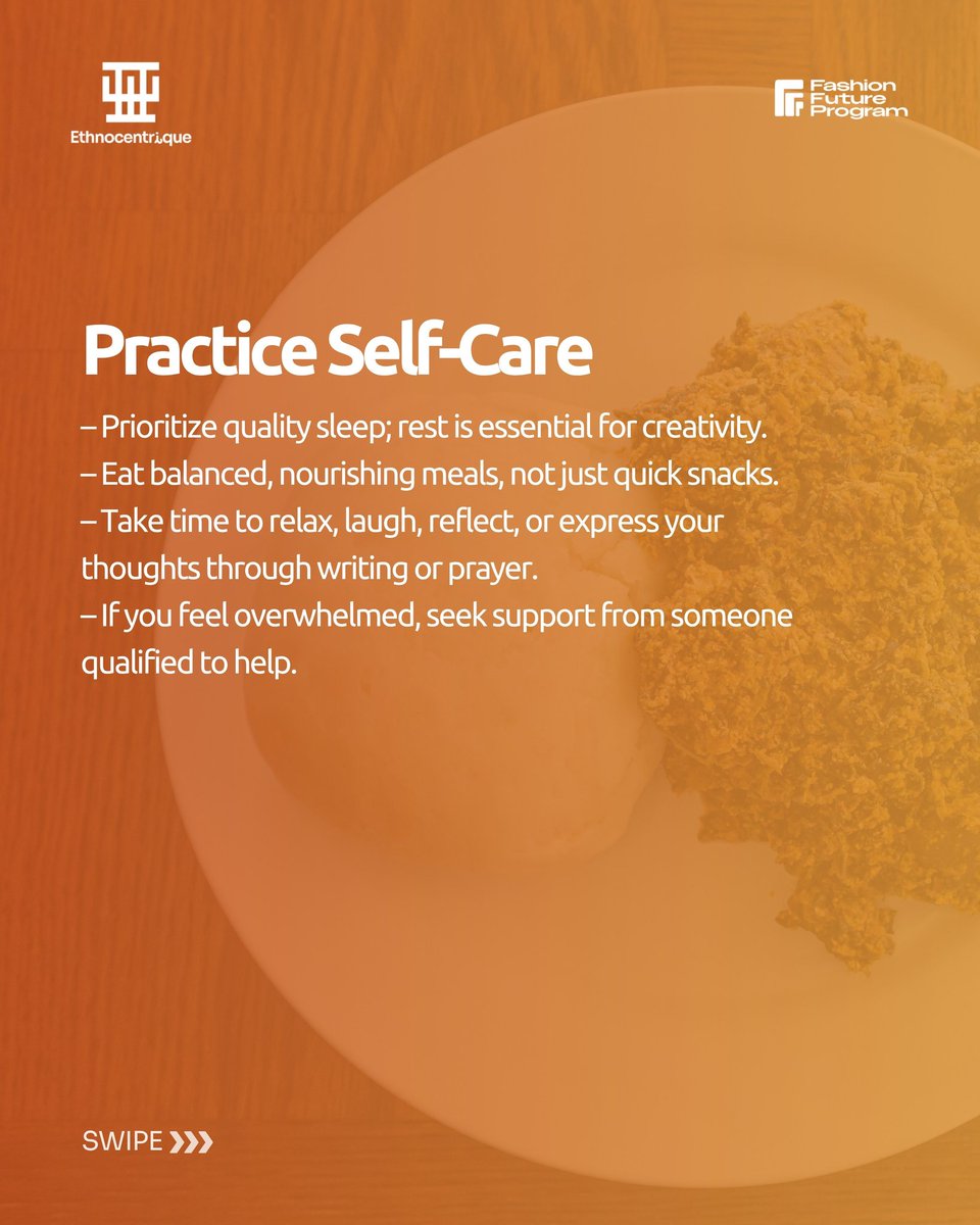 EthnicByChoice's tweet image. In the creative hustle, it’s easy to forget that machines aren’t the only ones that need maintenance. Our minds do too.
Healthy minds build thriving industries. 
#FashionFutureProgram #TheMovement #MadeForTheFuture #YouthInFashion