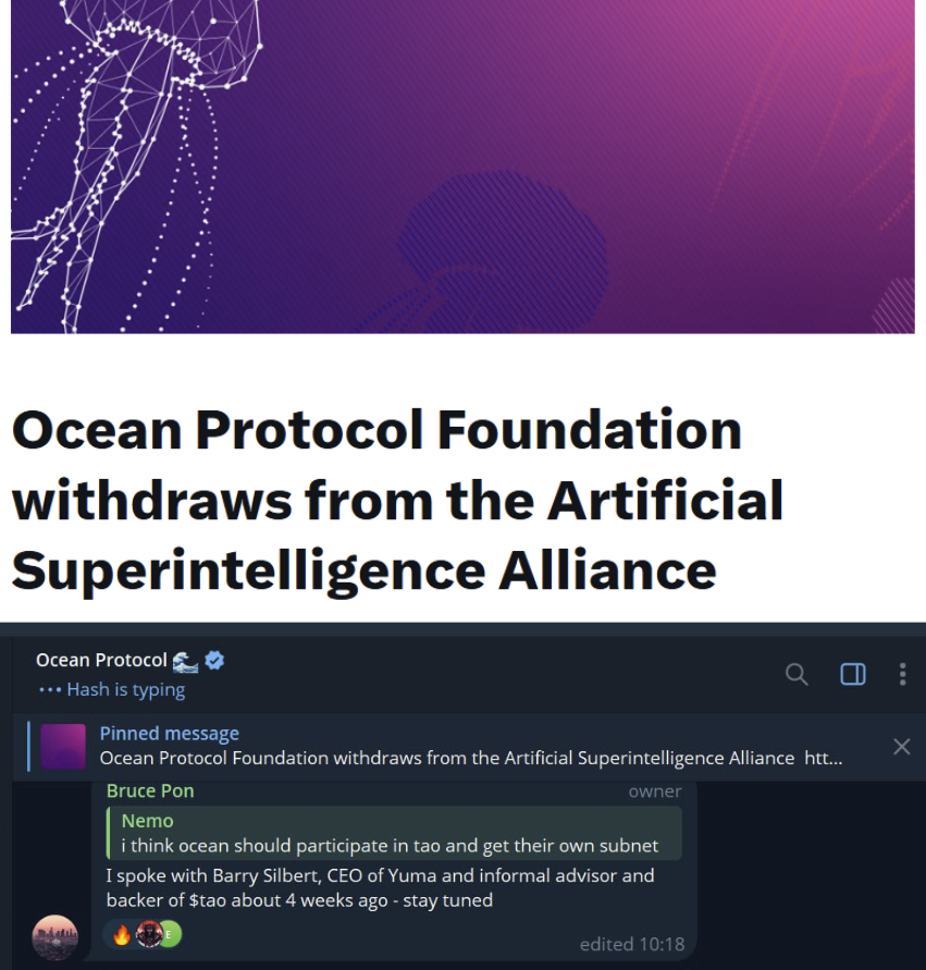 DreadBong0's tweet image. Not only did Ocean Protocol withdraw from $FET's "Artificial Superintelligence Alliance"

But now they've spoke with @BarrySilbert and are exploring the creation of their own subnet on #bittensor

They should drop the $OCEAN token and go full alpha

One by one.. 

$TAO