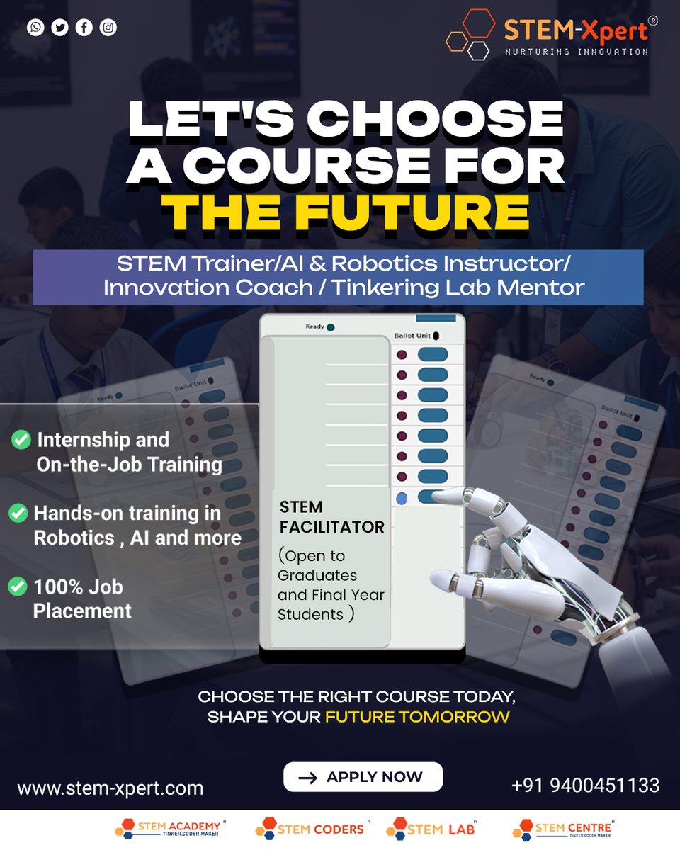 Grads &amp; Final Years: 100% JOB PLACEMENT guaranteed! 
Become a STEM Facilitator (AI/Robotics Instructor). Get hands-on training + internship.
Choose your future course today! APPLY NOW 👇
📞 📱 +91 9400451133
🌐 Website: stem-xpert.com
📸 Instagram: @stem_xpert
#Jobs