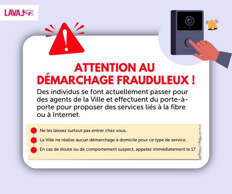 🚨 𝗔𝘁𝘁𝗲𝗻𝘁𝗶𝗼𝗻 𝗮𝘂 𝗱𝗲́𝗺𝗮𝗿𝗰𝗵𝗮𝗴𝗲 𝗳𝗿𝗮𝘂𝗱𝘂𝗹𝗲𝘂𝘅 !
Des individus se font actuellement passer pour des agents de la Ville et effectuent du porte-à-porte pour proposer des services liés à la fibre ou à Internet.
⚠️ Ne les laissez surtout pas entrer chez vous.