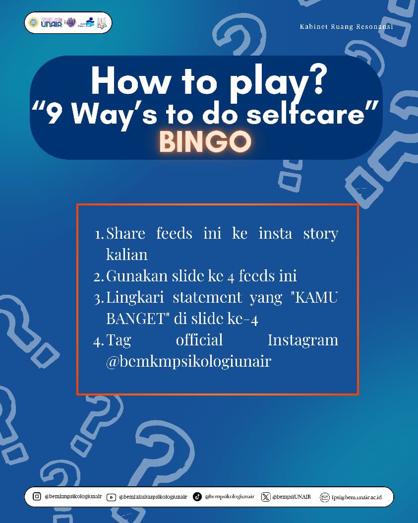 Happy World Mental Health Day‼️🎗️

Hari ini kita diingatkan untuk berhenti sejenak, bernapas, dan menghargai diri sendiri 🫂

Yuk, rayakan dengan hal kecil yang bikin kamu lebih tenang ❤️

Nah, untuk meramaikan #WMHD kali ini, ayo main bingo  bareng kami!