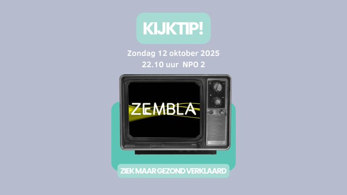Poster for Zembla TV program on light blue background with green accents, featuring title ZEMBLA in black letters inside a green-bordered black TV frame, text Kijktip! at top in white on blue, date Zondag 22 oktober below in black, time 22.10 uur NPO 2 at bottom in black, and subtitle Ondernemers met long covid verstrikt in strijd met hun verzekeraar in black below TV frame.