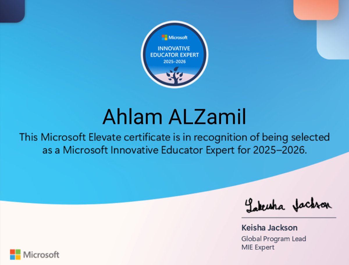 Almasa222222's tweet photo. الحمد لله الذي بنعمته تتمّ الصالحات حصلت على شارة خبير مايكروسوفت المبتكر لعام 2025 -2026 على مستوى العالم مما يدفعني لمواصلة الابتكار ومواكبة رؤية وطني في صنع مستقبل رقمي طموح 🥰🇸🇦
@MicrosoftSaudi 
@Microsoft
   #MIEExper
#Microsoft_Saudi #MIEExpert #MicrosoftEDU
@moe_gov_s https://t.co/loEfWtDd4n