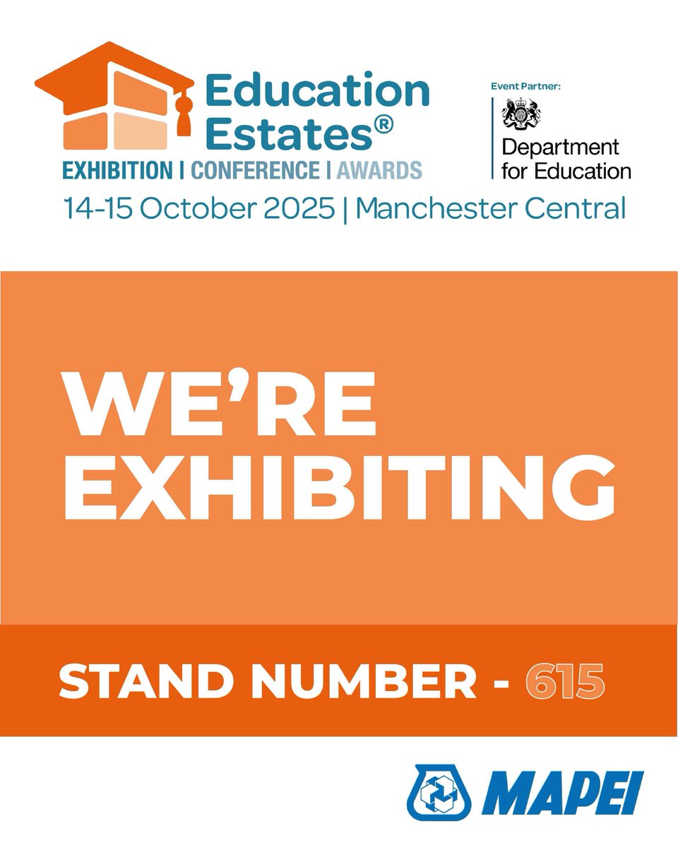 MapeiUKLtd's tweet image. We&apos;re pleased to announce we&apos;ll be exhibiting at @EduEstates 2025, in #Manchester. Our team will be on hand throughout the event with free #specification and product support. So if your #project is anything from #roofing to #basements, or anywhere in between, make sure to visit.