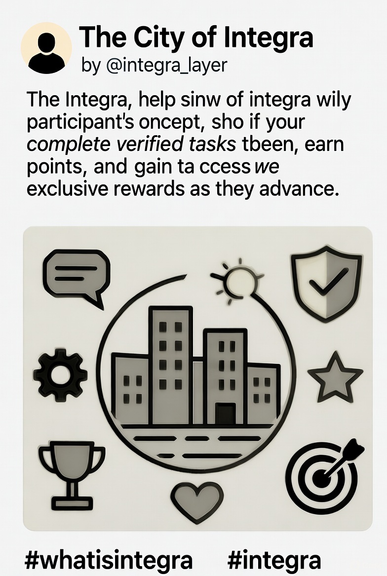 VMonocore's tweet photo. )✣( integra )✣(

The City of Integra by @integra_layer is a thoughtful approach to ecosystem engagement.  Participants complete verified tasks, earn points, and gain access to exclusive rewards as they advance.

#whatisintegra #integra https://t.co/hUXyxjPCXN
