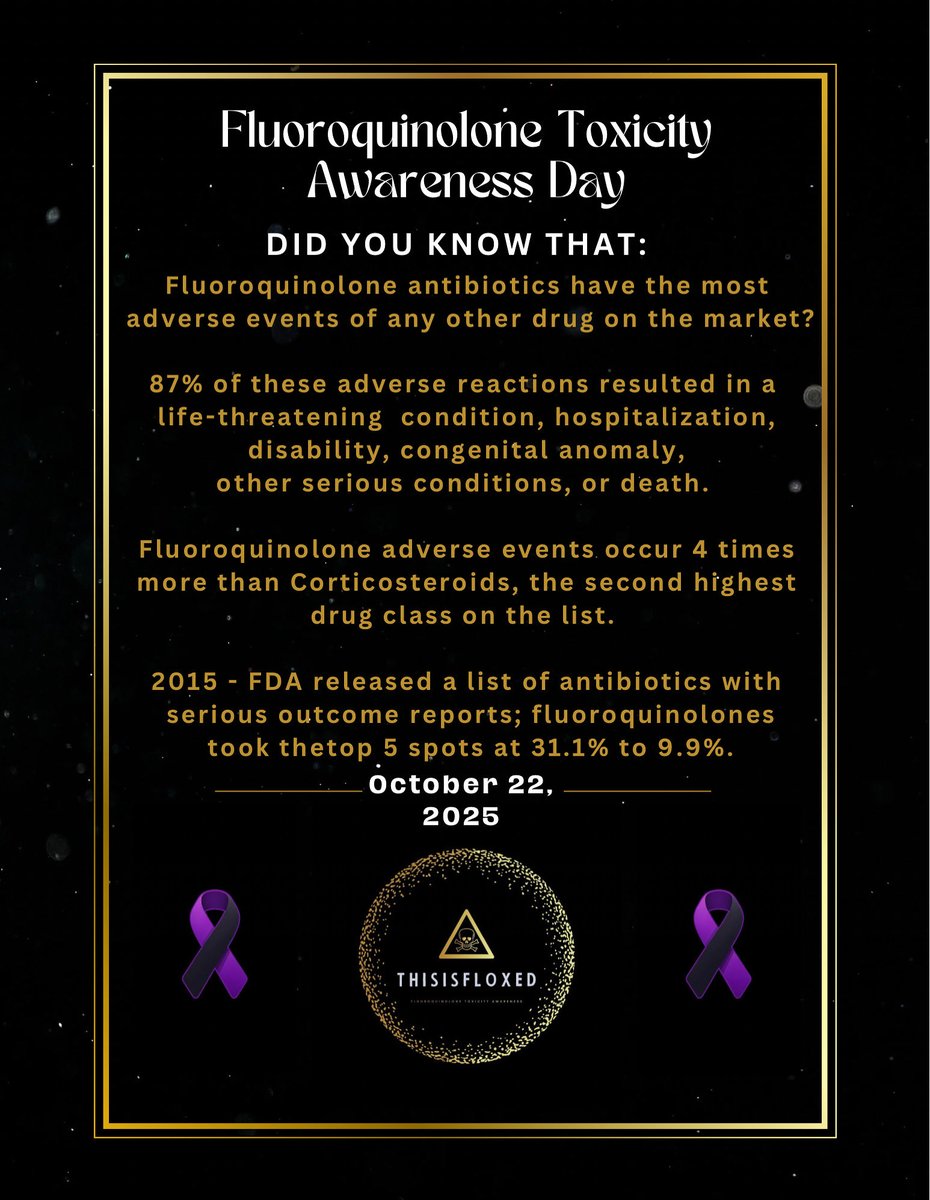 FVulneraries's tweet image. #Fluoroquinolone antibiotics have the most adverse reactions of any drug on the market. This class of antibiotics is supposed to be used as last resort only, when no other treatment options are available.

#fqtawarenessday #awareness #fqtoxicity #cipro #floxed #adversereactions