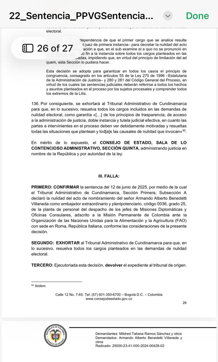 #JUSTICIA El Consejo de Estado ratificó que Armando Benedetti, actual ministro del Interior, no era apto para ser embajador ante la FAO. 
Benedetti no acreditó el dominio de una lengua oficial de Naciones Unidas ni del idioma italiano, lengua oficial del país de destino. Además,