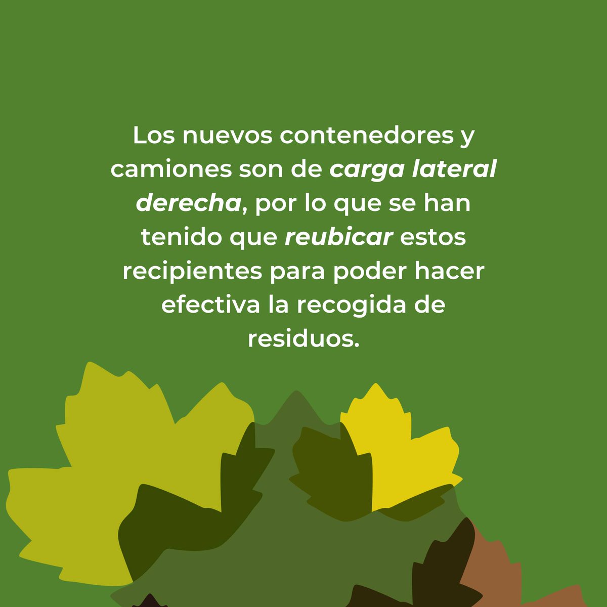 👉 ¿Por qué se ha movido el contenedor gris?
Para que la recogida sea más rápida y sostenible, lo hemos ubicado en zonas estratégicas adaptadas a los nuevos camiones 💚
♻️ Mejor ubicación = mejor servicio para todos.

#CuidaTuTierra