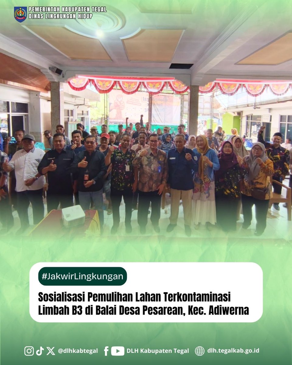 dlhkabtegal's tweet photo. #jakwirlingkungan Pemerintah Kabupaten Tegal melalui DLH menggelar Sosialisasi Pemulihan Lahan Terkontaminasi Limbah B3 di Balai Desa Pesarean, Kec. Adiwerna.
Langkah nyata pulihkan bumi, selamatkan generasi 🌱
#DLHKabTegal #kabupatentegal https://t.co/lroTK3Bbcq