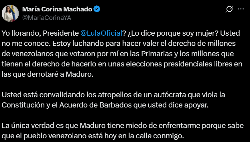 leonardo1opes's tweet photo. Quando Maria Corina Machado foi impedida de participar das eleições que foram roubadas e fraudadas pelo Ditador que inclusive atentou contra a vida dela, eleições estas chanceladas pelo governo Lula, Lula falou pra ela “Ao invés de ficar chorando eu indiquei outro candidato”.

A resposta dela na época foi épica:

"Eu chorando, Presidente Lula? O senhor está dizendo isso porque sou mulher? O senhor não me conhece. Estou lutando para defender os direitos dos milhões de venezuelanos que votaram em mim nas primárias e dos milhões que têm o direito de fazê-lo em uma eleição presidencial livre na qual eu derrotarei Maduro.  Você está tolerando os abusos de um autocrata que viola a Constituição e o Acordo de Barbados que você afirma apoiar.  A única verdade é que Maduro tem medo de me confrontar porque sabe que o povo venezuelano está nas ruas comigo hoje."

Hoje ela esfrega o Nobel da Paz na cara deste bandido defensor de ditador e misógino. Seria no mínimo legal que ela mandasse um "Mais um ano passou e o Nobel da Paz não veio, né Lula? Chora agora fdp".

Seria lindo.