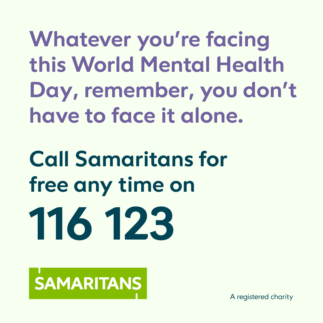 This World Mental Health Day, we want to remind you that whatever you're facing, we're here for you. 

To mark the day and raise money for the branch, a few of our volunteers are completing a Dawn Walk this weekend. Please consider donating: samaritanscommunity.enthuse.com/pf/dawn-walk-2…