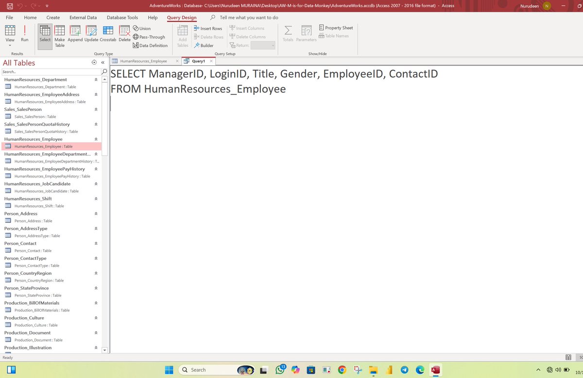 murainanurudee6's tweet image. 🧩 Your First SQL Query

To view all records in a table 👇

SELECT *
FROM HumanResources_Employee;

✅ Shows everything from that table.

To view specific columns 👇

SELECT ManagerID, LoginID, Title
FROM HumanResources_Employee;

#LearnSQL #DataAnalysis