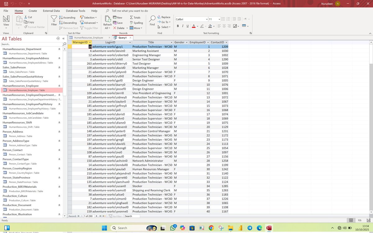 murainanurudee6's tweet image. 🧩 Your First SQL Query

To view all records in a table 👇

SELECT *
FROM HumanResources_Employee;

✅ Shows everything from that table.

To view specific columns 👇

SELECT ManagerID, LoginID, Title
FROM HumanResources_Employee;

#LearnSQL #DataAnalysis