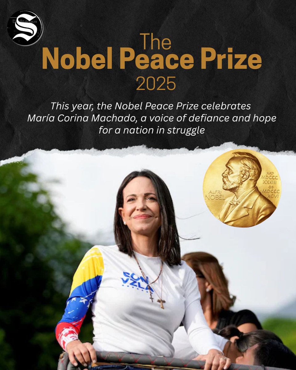 María Corina Machado has been awarded the 2025 Nobel Peace Prize for her peaceful fight to restore democracy in Venezuela. Her recognition is a powerful reminder that courage, not force, shapes the future of nations.

#NobelPeacePrize #MariaCorinaMachado #Venezuela #Democracy