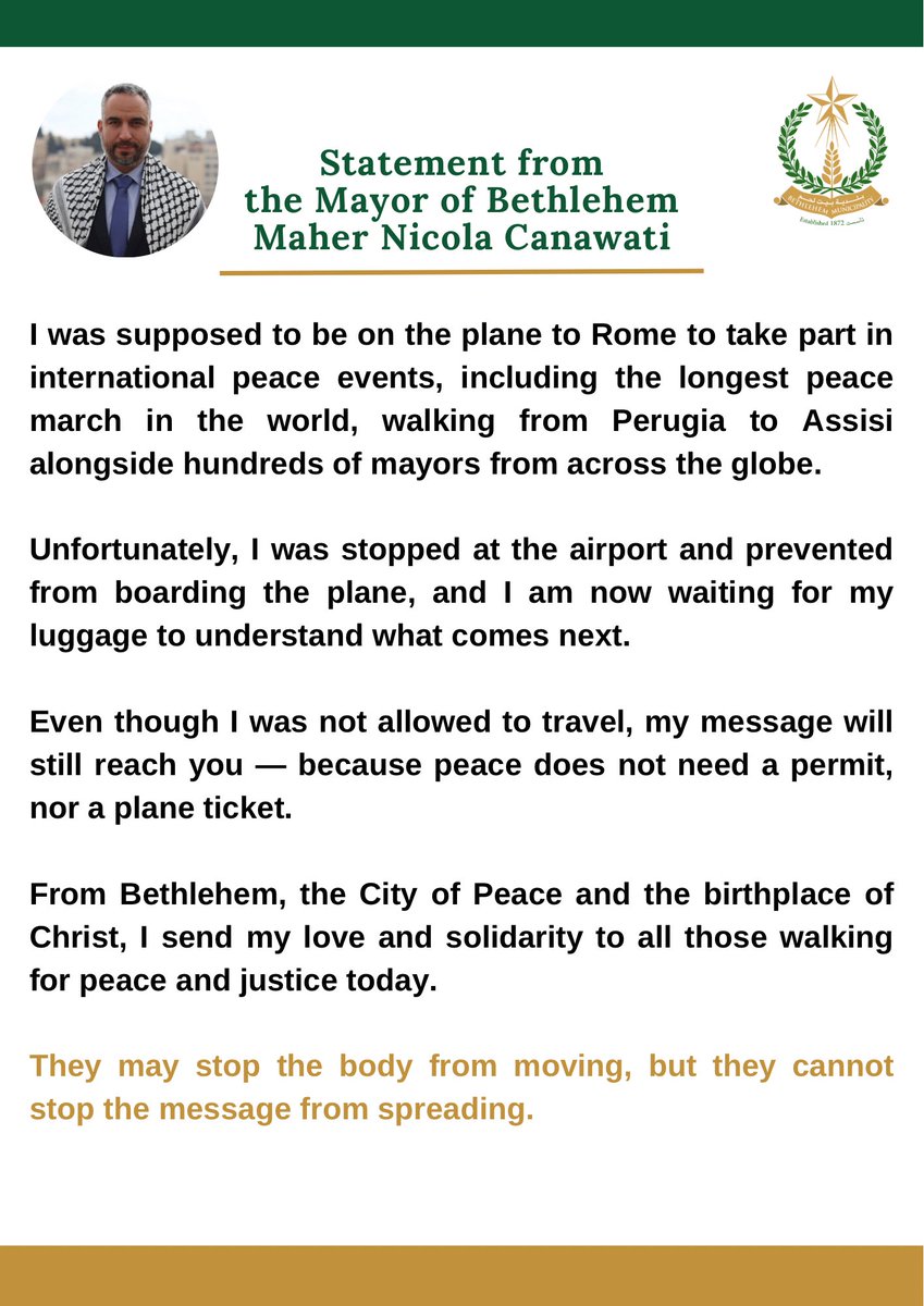 Bethlehem_PS's tweet photo. قد يمنعون الجسد من الحركة، لكنهم لا يستطيعون أن يمنعوا الرسالة من الوصول. 🕊️
They may stop the body from moving, but they cannot stop the message from spreading. 🕊️ https://t.co/xXpnzNzPxP