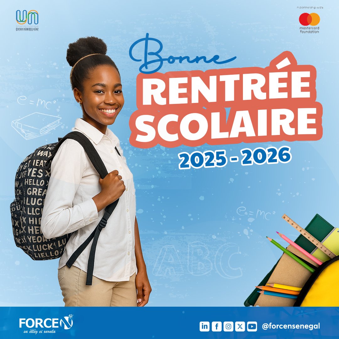 1/2🎒 𝐁𝐨𝐧𝐧𝐞 𝐫𝐞𝐧𝐭𝐫𝐞́𝐞 𝐬𝐜𝐨𝐥𝐚𝐢𝐫𝐞 𝟐𝟎𝟐𝟓-𝟐𝟎𝟐𝟔 𝐚̀ 𝐭𝐨𝐮𝐬 𝐥𝐞𝐬 𝐞́𝐥𝐞̀𝐯𝐞𝐬 𝐝𝐮 𝐒𝐞́𝐧𝐞́𝐠𝐚𝐥 !

<a href="/forcensenegal/">Force-N Sénégal</a> souhaite une année riche en réussites, en découvertes et en apprentissages à tous les élèves du Sénégal. 🌟

#FORCEN #UNCHK_SN #STEM