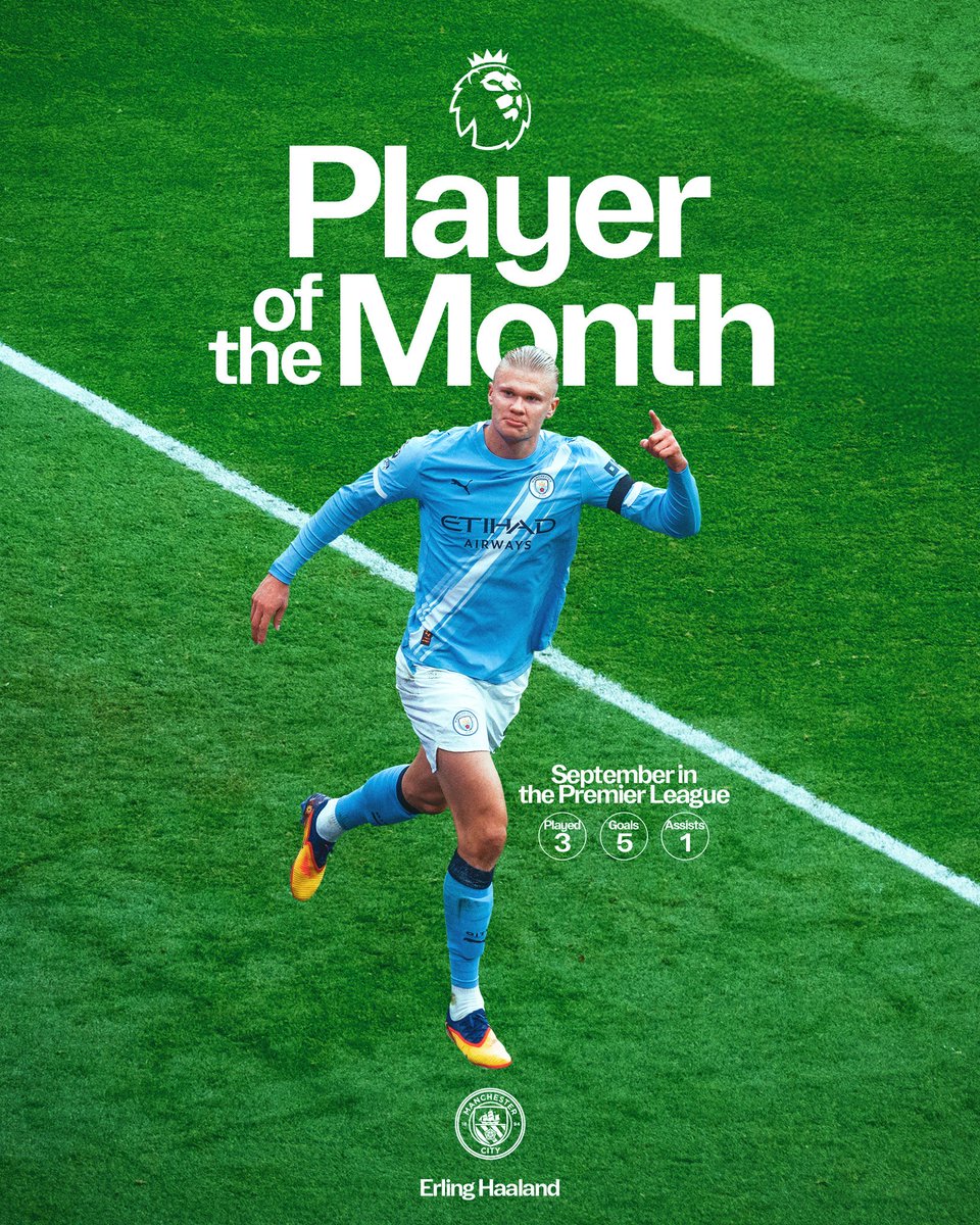 ManCityTH's tweet photo. 👕 3 เกม
🎯 5 ประตู 
🅰️ 1 แอสซิสต์

@erling คว้ารางวัลนักเตะยอดเยี่ยมประจำเดือนกันยายนของ @premierleague! 👏🩵 https://t.co/zJBLaKpkBu