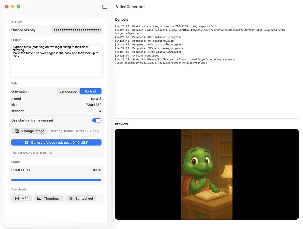 FloWritesCode's tweet image. As Sora-2 still isn't formally available in Europe, I vibe-coded this API client.
It supports sora-2 and sora-2-pro, with both horizontal and vertical video orientations.
Users can start with just a prompt or optionally include a start frame image (that's automatically resized to…