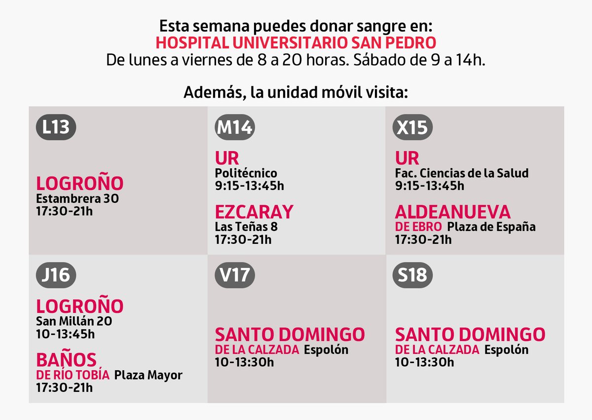 bsangrelarioja's tweet image. 📝Esta semana puedes donar sangre en el 🏥Hospital San Pedro:
-lunes a viernes, de 8 a 20h
-sábado, de 9 a 14h
🚍Además, nuestra unidad móvil visita:
📍#Logroño
📍@unirioja
📍#Ezcaray
📍#AldeanuevaDeEbro
📍#BañosDeRíoTobía
📍#SantoDomingoDeLaCalzada