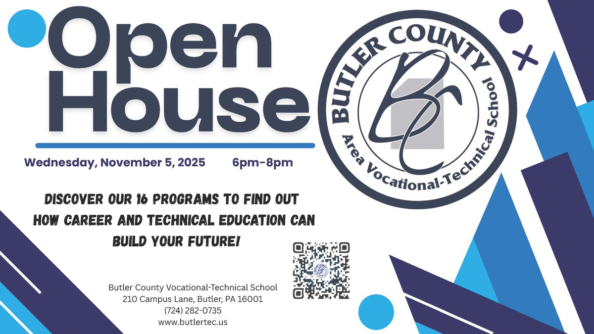 The Butler County Area Vocational-Technical School's open house is tonight (Wednesday, November 5, 2025) from 6:00 - 8:00 pm.

Visit butlertec.us for more information.

<a href="/AvtsButler/">ButlerCountyAVTS</a>