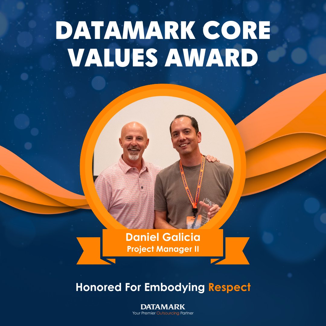 datamark_inc's tweet image. Project Manager II Daniel was recognized with a Core Value Award for Respect at DATAMARK’s Semi-Annual. His approach says it best: “Respect is what really drives change.” #CoreValuesInAction #LifeAtDATAMARK