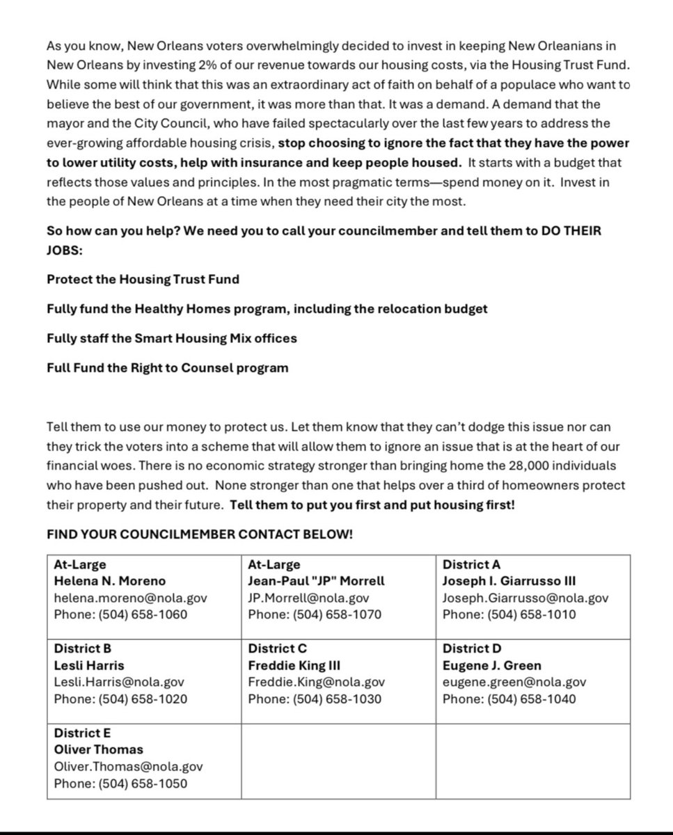 GNOHA's tweet image. Now that the budget season for the city of New Orleans is officially underway, it has become clear that in order to put people first, we need to remind the council and the mayor that they have to #PutHousingFirst. #HousingNOLA