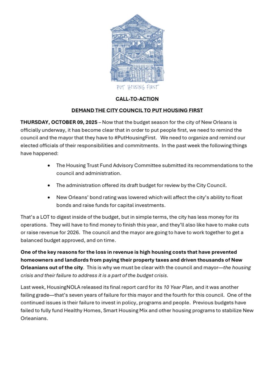 GNOHA's tweet image. Now that the budget season for the city of New Orleans is officially underway, it has become clear that in order to put people first, we need to remind the council and the mayor that they have to #PutHousingFirst. #HousingNOLA