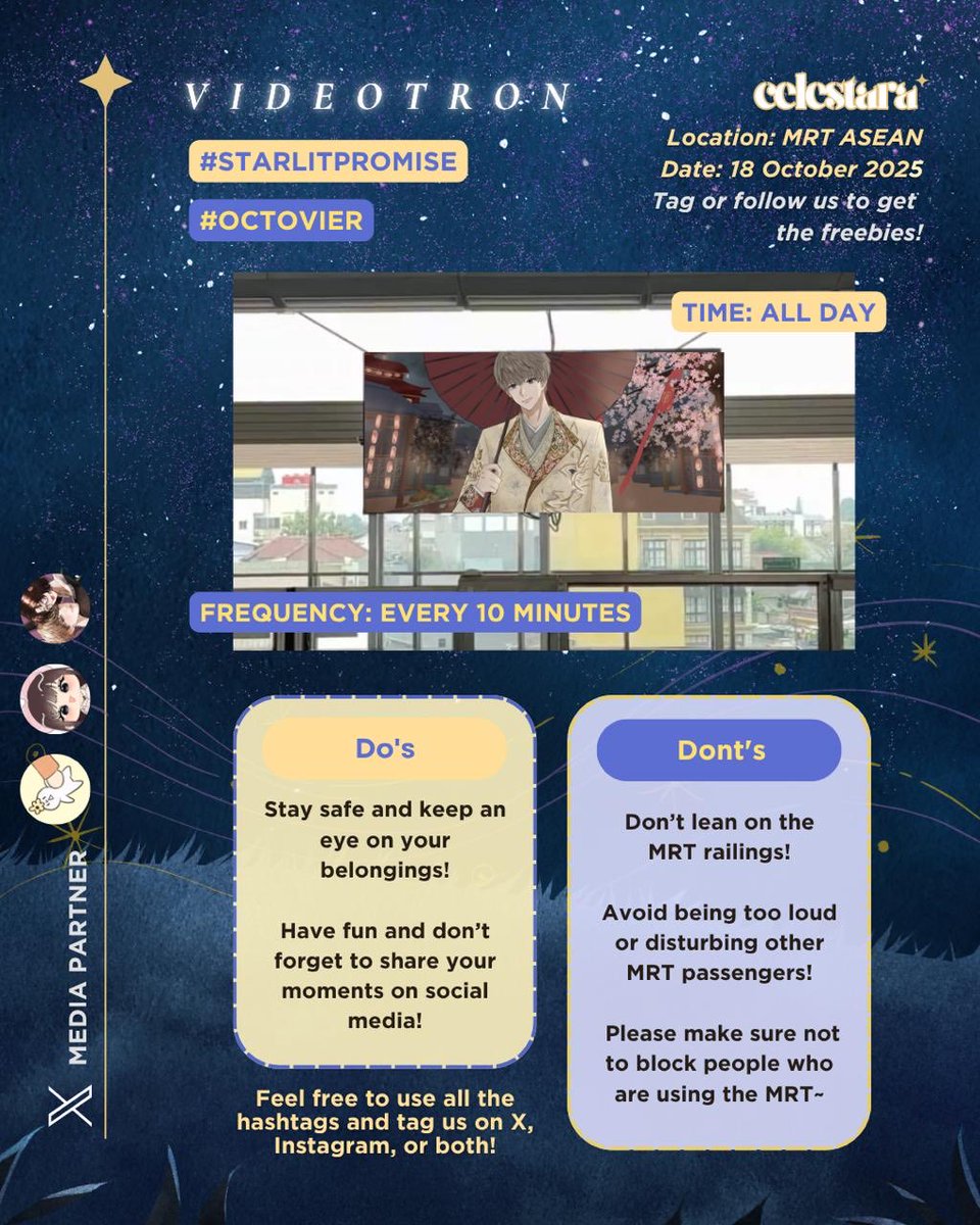 icryoverships's tweet photo. Join us in celebrating Xavier’s Birthday at MRT ASEAN! 💫
🗓 October 18th, 2025

Claim your exclusive freebies (ONLY available fr 2–4 PM/ until its run out)❗

Don’t forget to tag us on IG and X ✨

#Octovier 
#StarlitPromise #Xavier1016HappyBirthday https://t.co/ElnDqPQXlo