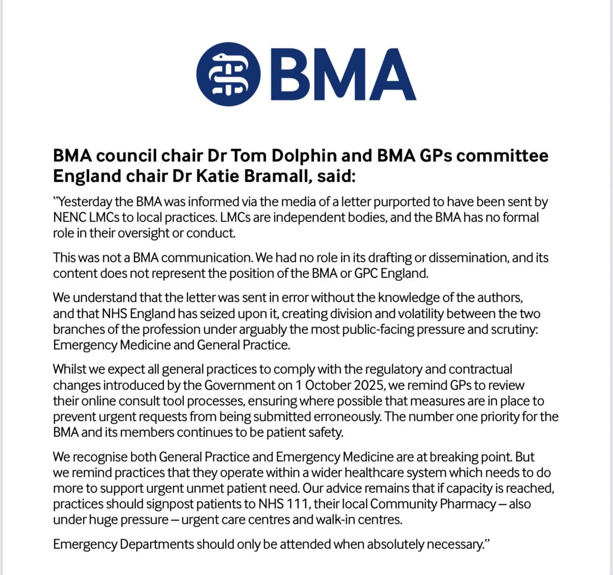 doctor_katie's tweet image. Re: @thetimes clickbait from @NHSEngland re: a letter sent in error to practices from an LMC
 
This is not a BMA comms &amp;amp; its content does not represent our position

If 2 specialties are under max pressure, it’s ED &amp;amp; GP

@RCEMpresident @TheBMA @BMA_GP @thomasdolphin @DHSCmedia