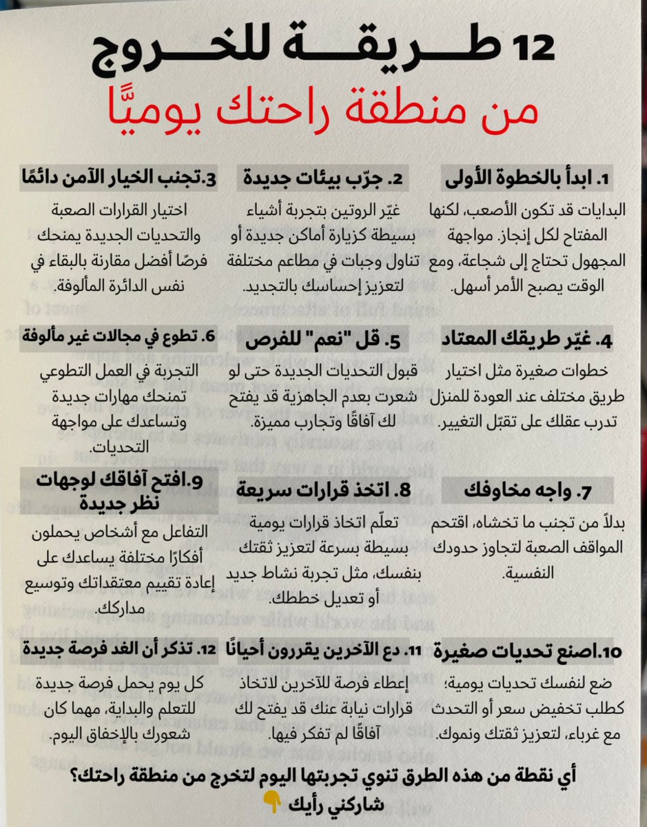 12 طريقة للخروج من منطقة راحتك يوميًا

1. ابدأ بالخطوة الأولى
البدايات قد تكون الأصعب، لكنها المفتاح لكل إنجاز. مواجهة المجهول تحتاج إلى شجاعة، ومع الوقت يصبح الأمر أسهل.

2. جرّب بيئات جديدة
غيّر الروتين بتجربة أشياء بسيطة: زيارة أماكن جديدة أو تناول وجبات في مطعم مختلف لتعزيز