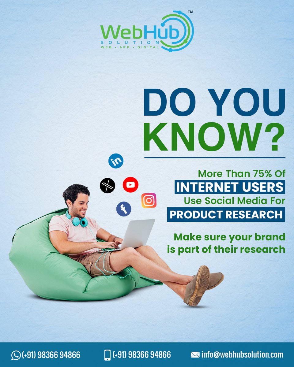 webhubsolution's tweet image. 75% of users use social media before making a purchase!
Be where your audience is. Be visible. Be trusted. 💼
Contact Us @ 𝟗𝟖𝟑𝟔𝟔𝟗𝟒𝟖𝟔𝟔 or Visit us webhubsolution.com
#WHS #DigitalMarketing #SocialMediaStrategy #WebHubSolution #OnlineGrowth #BrandAwareness