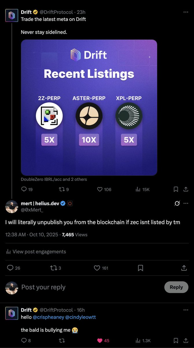 Screenshot of the Twitter exchange between Drift Protocol and Mert from Helius