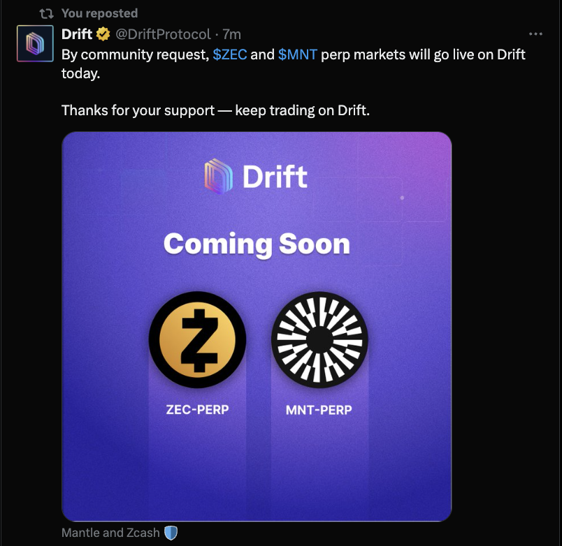 Drift Protocol's announcement of ZEC and MNT perp listings