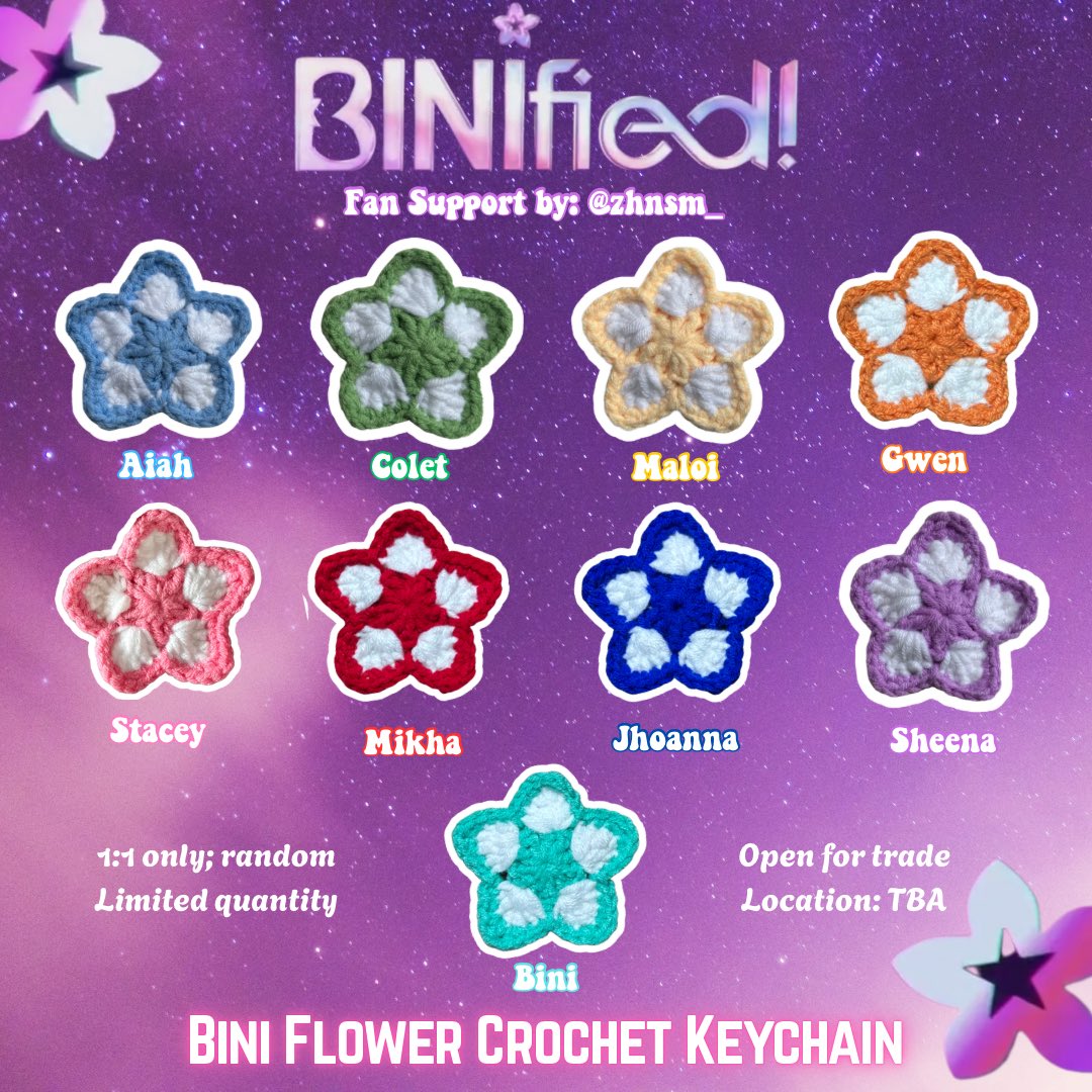 Binified Fan support!

"Bini Flower Crochet Keychain"

🌸 like &amp; rt
🌸 1:1 only; random
🌸 open for trade (dm)
🌸 location: TBA

#BINIfied #BINIfiedPHArena #BINI