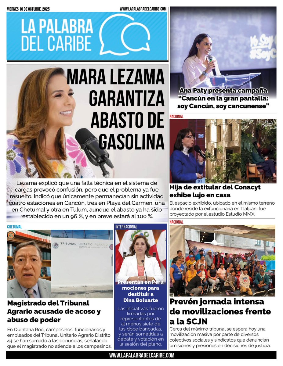 La gobernadora afirma que el abasto de gasolina en Quintana Roo está garantizado - bit.ly/4h8Uh7g
----
Escándalo en el Tribunal Agrario de Chetumal: acusan al magistrado Rafael Gómez Medina de acoso sexual, abuso de poder y manipulación de expedientes
