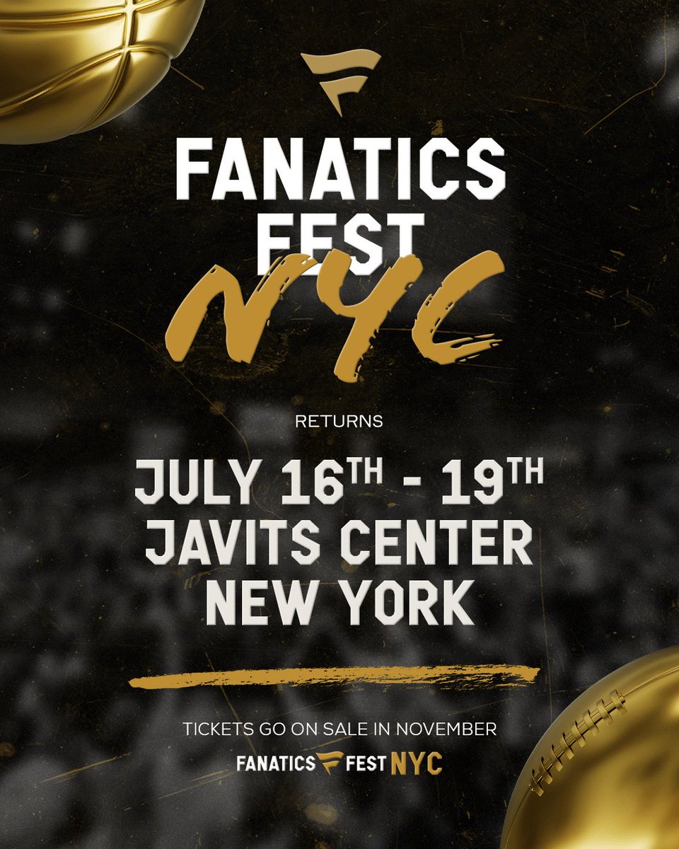 Fanatics's tweet image. They say third time&apos;s the charm, so of course we gotta RUN IT BACK🔥 

@fanaticsfest returns July 16 - 19 at the Javits Center in NYC.

The only way to find out how we top 2025 is to see us in 2026! 🤩
Tickets go on sale in November 👀🎟️