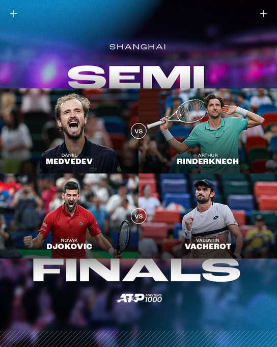Shanghai Masters 1000 semi-final matchups graphic. Daniil Medvedev faces Arthur Rinderknech in the top half, while Novak Djokovic plays Valentin Vacherot in the bottom half. Bold text reads ‘Shanghai Semi Finals’ with ATP Masters 1000 branding.