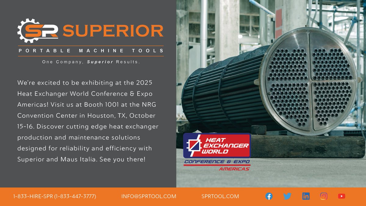 spr_tool's tweet image. Heading to the 2025 Heat Exchanger World Conference &amp;amp; Expo Americas? Come see us in Booth 1001 at the NRG Convention Center, Houston – October 15–16! We&apos;re looking forward to seeing you there! #Superior #SPR #HeatExchangerWorld