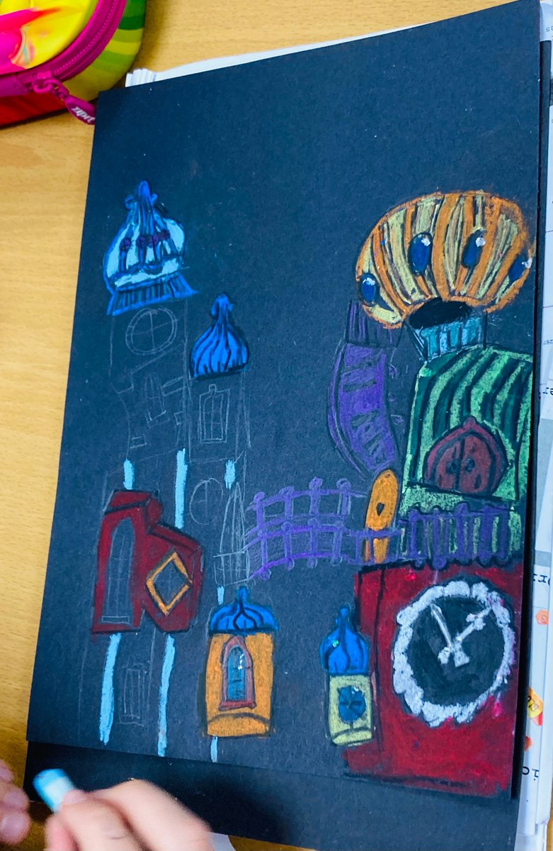 TDMS_Evesham's tweet photo. Lovely to see Year 7 working hard in Art on their Hundertwasser inspired buildings experimenting with brightly coloured oil pastels. #Creativity #Commitment https://t.co/kDHC5KBj8N