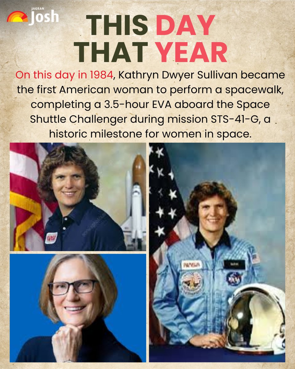 Jagranjosh's tweet image. On 11th October 1984, Kathryn Dwyer Sullivan made history as the first American woman to perform a spacewalk! 🌌 She completed a 3.5-hour EVA aboard the Space Shuttle Challenger, paving the way for women in space exploration. 🚀✨

#KathrynSullivan #onthisday #Spacewalk #NASA