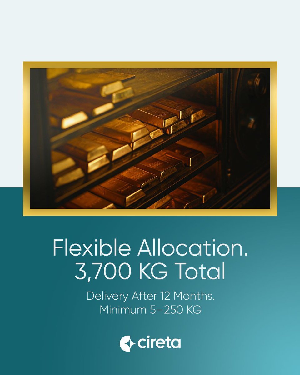 Cireta Gold Reserves – Ghana 🇬🇭 
3,700 kilograms of 99.99% purity gold allocated to this offering, fully backed by Proof of Reserve and a complete legal framework.

📦 Delivery: After 12 months under CIF terms
📊 Minimums: Seed – 250 kg · Private – 150 kg · Retail – 5 kg

✅