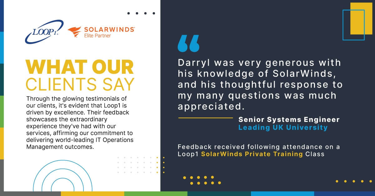 Loop1Global's tweet image. We love hearing from our clients about their #SolarWinds training experiences! Darryl’s expertise and thoughtful guidance made a lasting impression during this session.
 
#Loop1 #ClientFeedback #TrainingExcellence