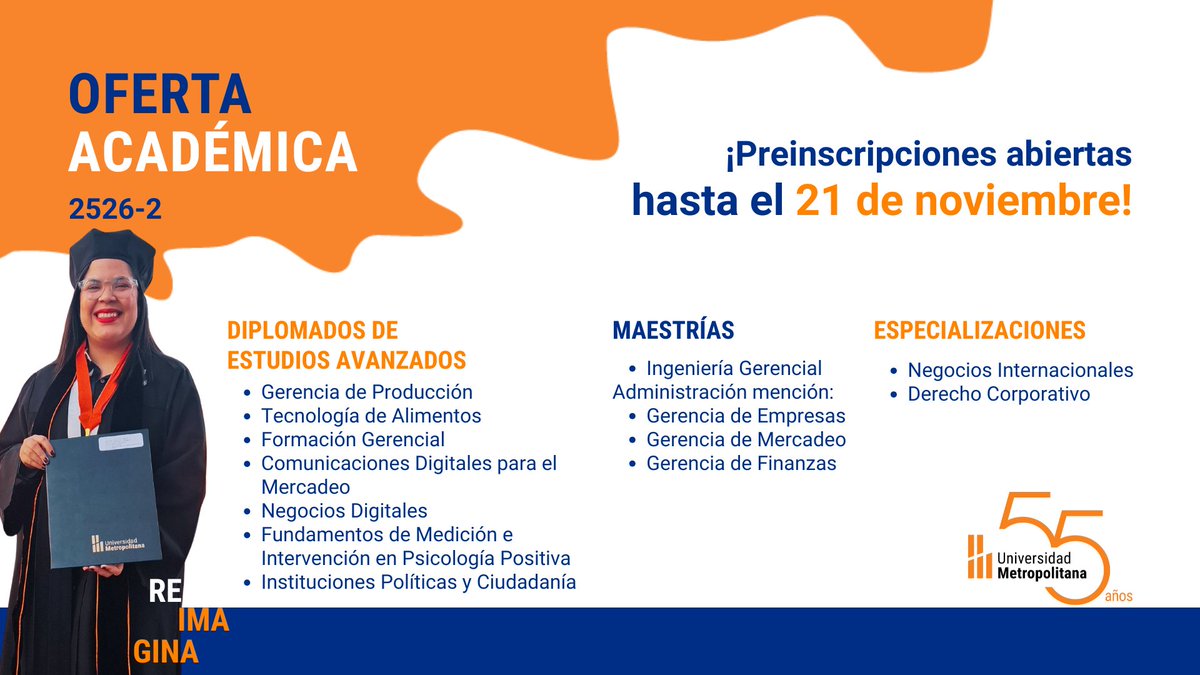 Potencia tu talento con la UNIMET. 🎓 Ofrecemos #Maestrías, #Especializaciones y #Diplomados pensados para profesionales. Aprovecha la oportunidad de hacer networking y aprender de los mejores. ¡Invierte en tu futuro!
unimet.edu.ve/postgrado/